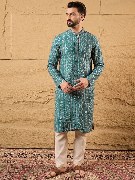 ETHNIC BAY Men Blue Silk Blend Embroidered Straight Kurta
