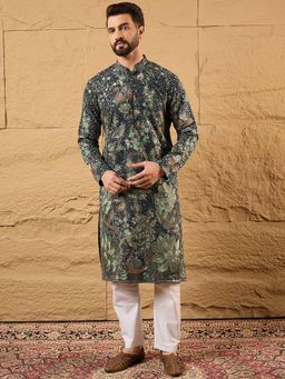 ETHNIC BAY - Men Green Georgette Embroidered Straight Kurta