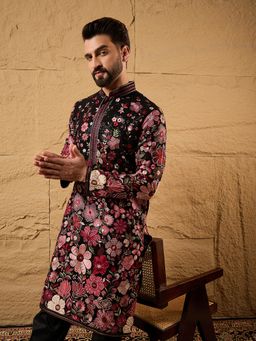 ETHNIC BAY - Men Black Georgette Embroidered Straight Kurta