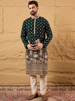 ETHNIC BAY - Men Green Georgette Embroidered Straight Kurta