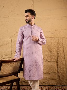 ETHNIC BAY - Men Lavender Viscose Rayon Embroidered Straight Kurta