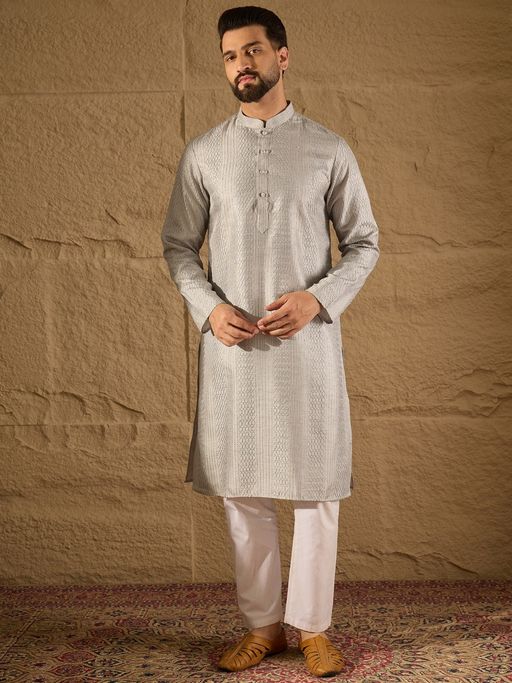 ETHNIC BAY Men Grey Silk Blend Embroidered Straight Kurta