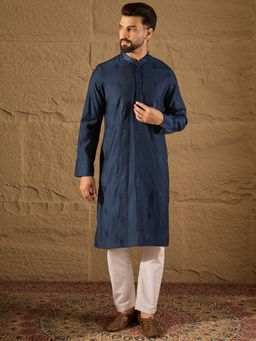 ETHNIC BAY - Men Blue Viscose Rayon Embroidered Straight Kurta