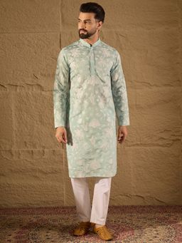 ETHNIC BAY - Men Blue Chanderi Embroidered Straight Kurta