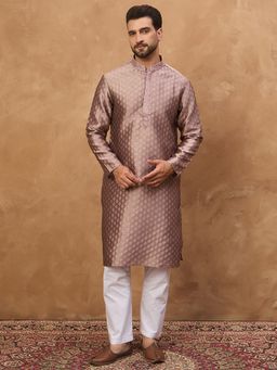 ETHNIC BAY - Men Mauve Silk Blend Woven Design Straight Kurta