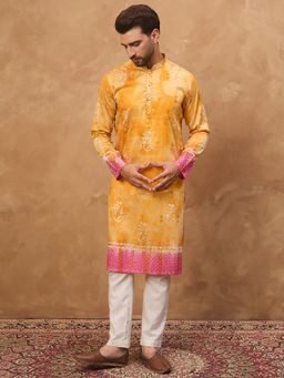 ETHNIC BAY - Men Yellow Silk Blend Batik Embroidered Straight Kurta