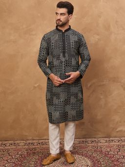 ETHNIC BAY - Men Black Silk Blend Geometric Printed Straight Kurta