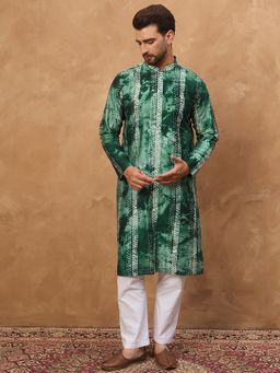 ETHNIC BAY - Men Green Silk Blend Shibori Embroidered Straight Kurta