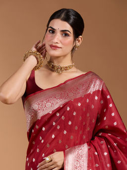 Nyri - Traditional Tiny Brocade Pattern & Floral Zari Cotton Silk Maroon Saree & Unstitched Blouse