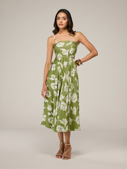 RSVP by Nykaa Fashion - Green Printed Strappy Waist Cutout Midi Dress