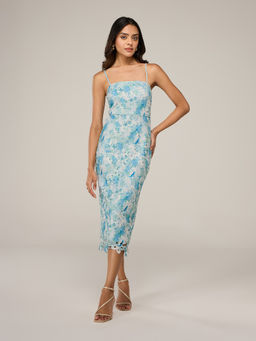 RSVP by Nykaa Fashion - Blue Floral Printed Lace Scallop Hem Strappy Midi Dress