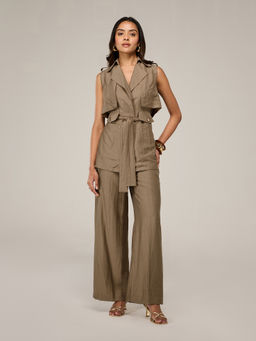 RSVP by Nykaa Fashion - Brown Wrap Flap Detail Top With Belt And Straight Pant Co Ord Set