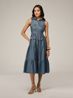 RSVP by Nykaa Fashion - Light Blue Contrast Stitch Detail Button Down Tiered Midi Dress