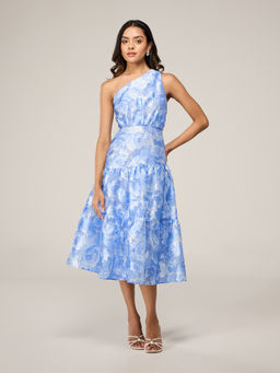 RSVP by Nykaa Fashion - Blue Jacquard Floral One Shoulder Tiered Maxi Dress