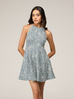 RSVP by Nykaa Fashion - Blue Embroidered Round Neck In Cut Armhole Fit And Flare Mini Dress