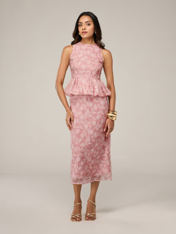 RSVP by Nykaa Fashion - Pink Textured Crop Peplum Top And High Waist Midi Skirt Co Ord Set