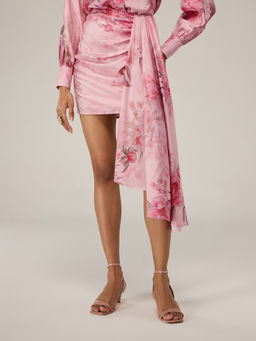 RSVP by Nykaa Fashion - Pink Floral Printed High Waist Fitted Mini Skirt with Sash Detail