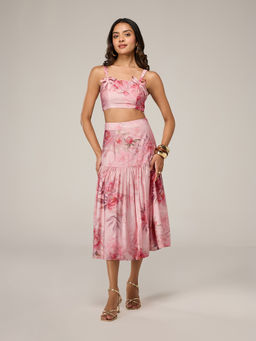 RSVP by Nykaa Fashion - Pink Floral Fitted Crop Top and High Waist Midi Skirt Co Ord Set