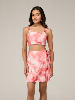 RSVP by Nykaa Fashion - Pink Feather Print Top and Fitted High Waist Mini Skirt Co Ord Set
