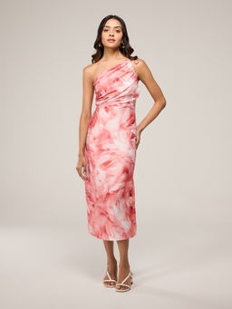 RSVP by Nykaa Fashion - Pink Feather Printed One Shoulder Gathered Midi Slip Dress