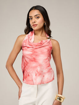 RSVP by Nykaa Fashion - Pink Feather Print Halter Neck Cowl Detail Regular Top