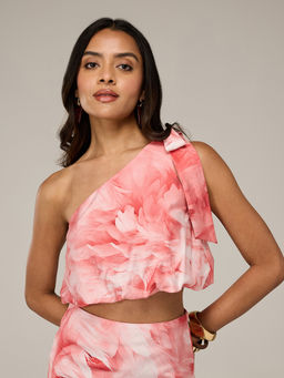 RSVP by Nykaa Fashion - Pink Feather Print One Shoulder Ballon Hem Tie Detail Crop Top