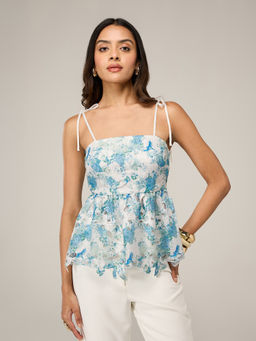 RSVP by Nykaa Fashion - Blue Lace Floral Printed Scallop Hem Tie Up Shoulder Straps Peplum Top