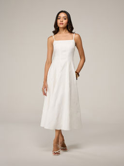 RSVP by Nykaa Fashion - White Self Textured Strappy Flared Midi Dress
