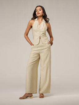 RSVP by Nykaa Fashion - Cream Halter Neck Mock Button Detail Top Straight Pant Co Ord Set