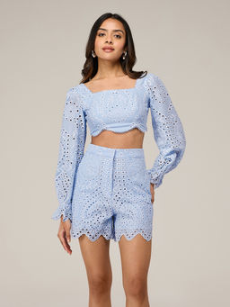RSVP by Nykaa Fashion - Blue Schiffli Scalloped Crop Top with Straight Shorts Co Ord Set