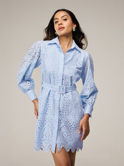 RSVP by Nykaa Fashion - Baby Blue Schiffli Button Down Mini Shirt Dress With Belt