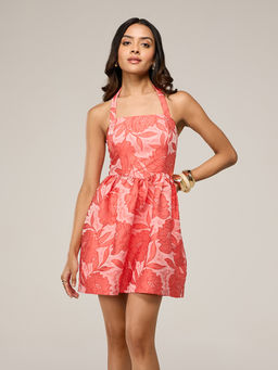 RSVP by Nykaa Fashion - Orange Jacquard Floral Halter Neck Fit and Flare Mini Dress
