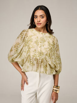 RSVP by Nykaa Fashion - Cream Printed Round Neck Balloon Sleeves Ruffled Peplum Top