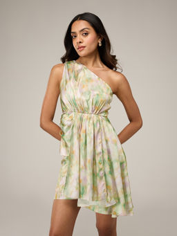 RSVP by Nykaa Fashion - Multicolor Printed One Shoulder Neck Gathered Top With Skort Co Ord Set