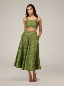 RSVP by Nykaa Fashion - Green Textured Square Neck Crop Top A Line Midi Skirt Co Ord Set