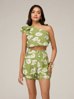 RSVP by Nykaa Fashion - Green Printed One Shoulder Neck Top High Waist Shorts Co Ord Set