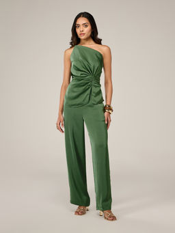 RSVP by Nykaa Fashion - Green Satin One Shoulder Top High Waist Wide Leg Pants Co Ord Set