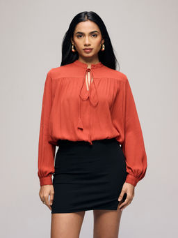 Twenty Dresses by Nykaa Fashion - Rust Elasticated Hem Front Tie Up Full Sleeves Top