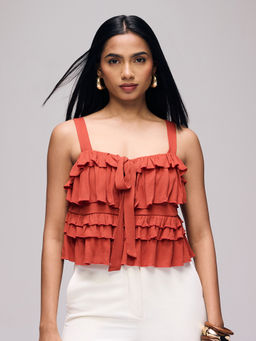 Twenty Dresses by Nykaa Fashion - Rust Ruffled Strappy Front Tie Up Detail Top