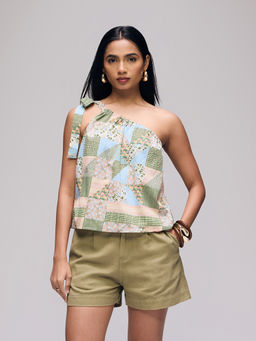 Twenty Dresses by Nykaa Fashion - Green Cambric One Shoulder Tie Up Detail Top