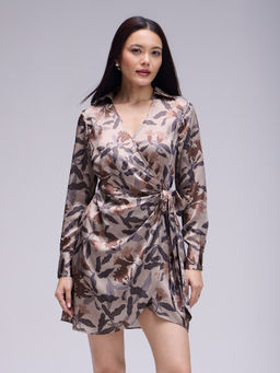 Twenty Dresses by Nykaa Fashion - Dull Beige Floral Printed Tie Up Wrap Mini Dress