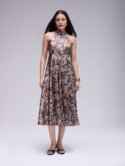 Twenty Dresses by Nykaa Fashion - Dull Beige Floral Halter Neck Tie Up Back Midi Dress