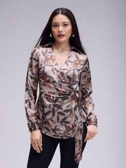 Twenty Dresses by Nykaa Fashion - Dull Beige Floral Collared Full Sleeves Longline Wrap Top