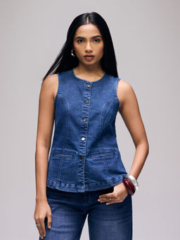 Twenty Dresses by Nykaa Fashion - Blue Denim Sleeveless Waistcoat Style Top