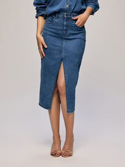 Twenty Dresses by Nykaa Fashion - Blue Denim High Waist Overlapped Fitted Midi Skirt