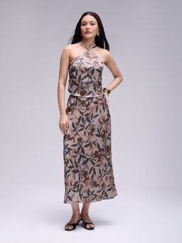 Twenty Dresses by Nykaa Fashion - Dull Beige Floral Top And High Waist Midi Skirt Co Ord Set