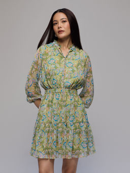 Twenty Dresses by Nykaa Fashion - Green Paisley Tie Up Neck Elasticated Gathered Mini Dress