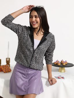 Campus Sutra - Women's Grey Zip-Front Textured Hoodie