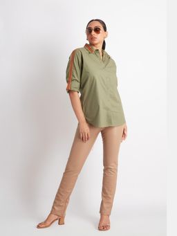 Richaa Goenka - Olive Comfort Fit Cotton Embellished Shirt