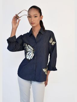 Richaa Goenka - Blue Denim Comfort Fit Sequin embellished Shirt